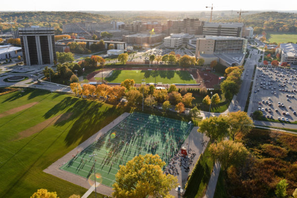 Aerial view of the western portion of the University of Wisconsin-Madison campus in the autumn sunset