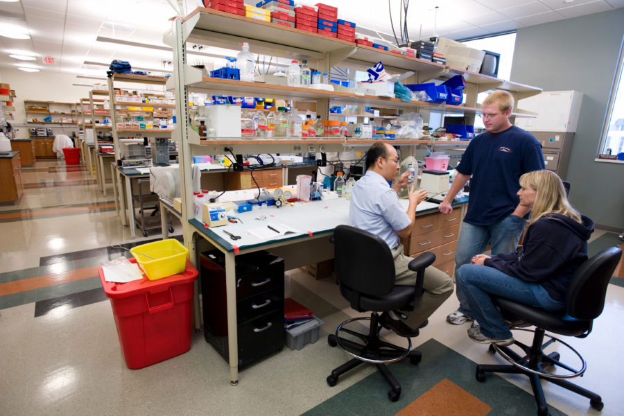 Wan-Ju Li (seated), assistant professor of orthopedics and rehabilitation in the School of Medicine and Public Health, takes with graduate students Connie Chamberlain and Andrew Handorf in their new lab space in the Wisconsin Institutes for Medical Research (WIMR) at the University of Wisconsin-Madison