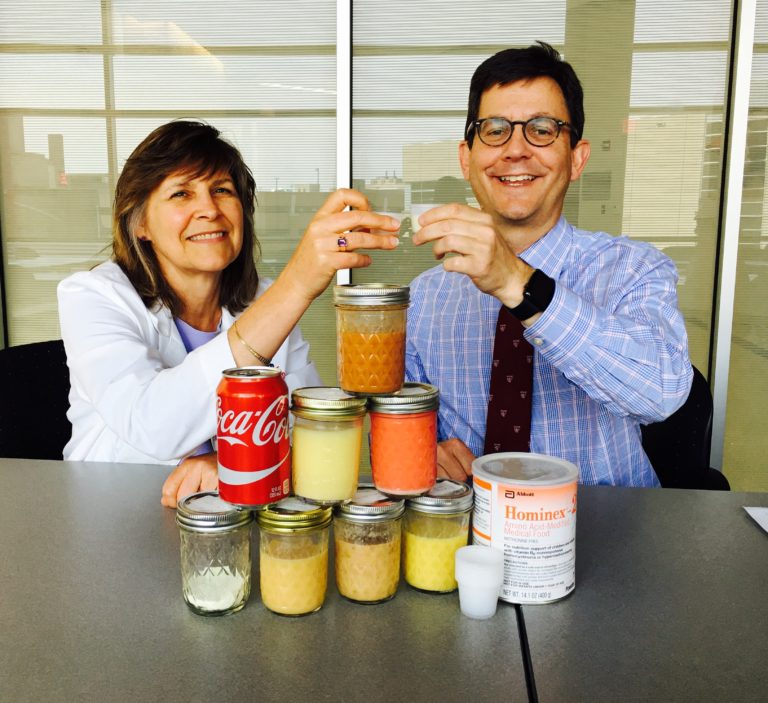 Lisa Davis, RD and Vincent Cryns, MD taste testing the medical food lacking methionine