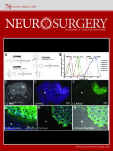 The February 2015 cover of "Neurosurgery" features images taken by SAIF as well as skeleton formulas of molecules and a graph.